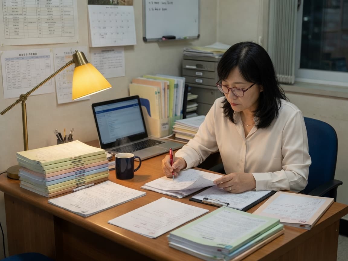 교무실에서 선생님이 시험지를 채점하며 성적을 확인하고 있다