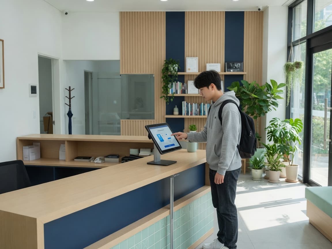 학원 로비에서 학생이 출결 키오스크로 등원하고 있다